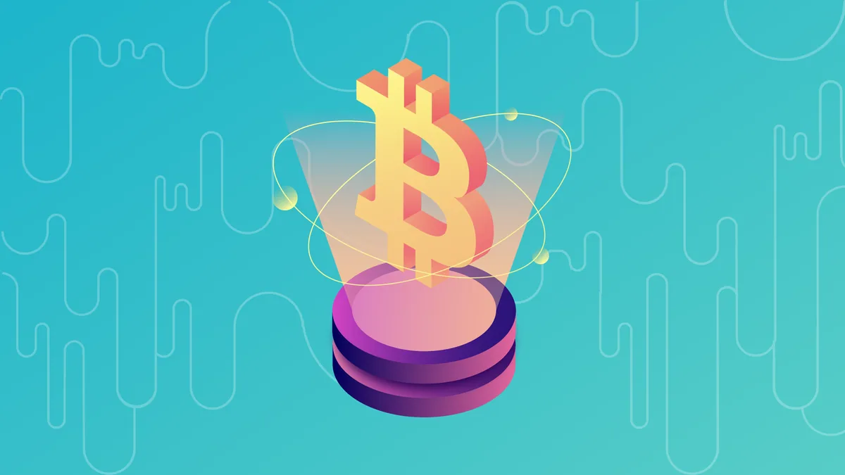 Иллюстрация квантового компьютера на фоне символов Bitcoin