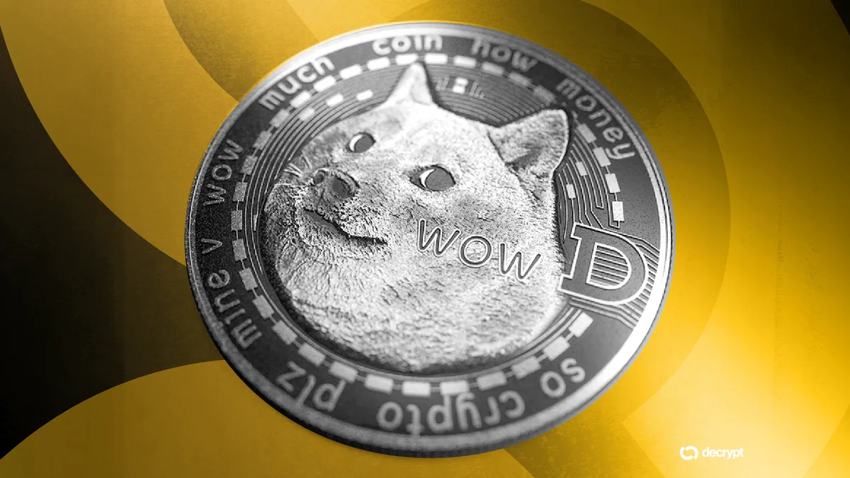 Логотип Dogecoin на фоне цифровой сети и значка приложения