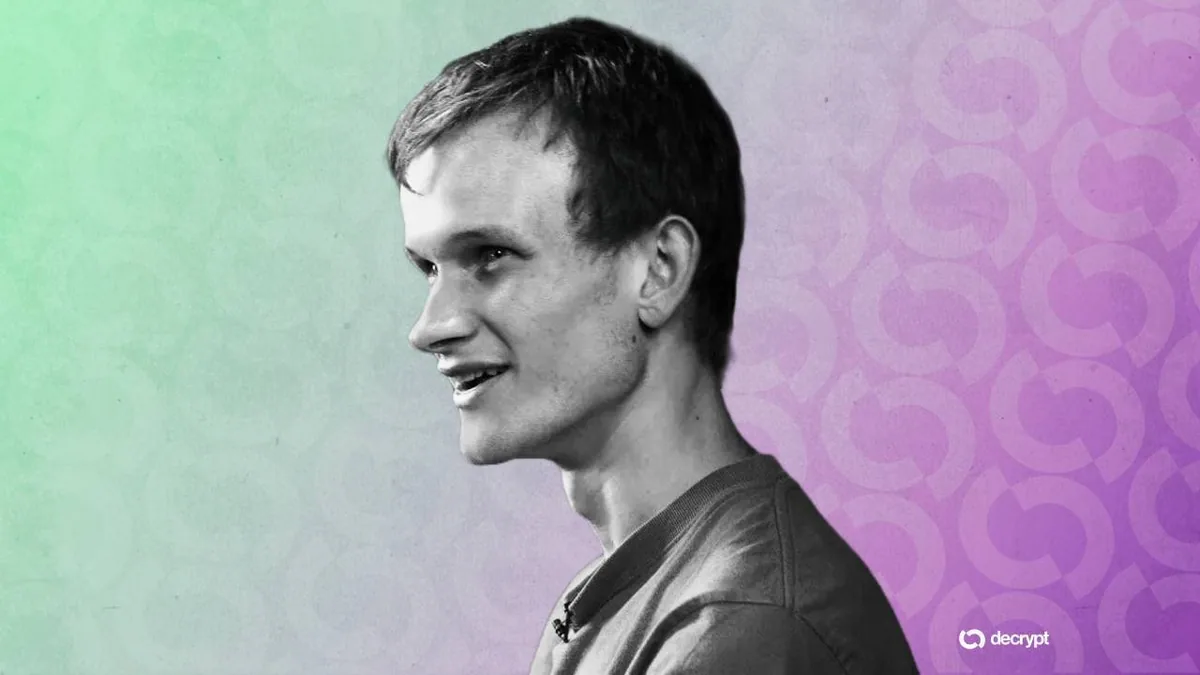 Виталик Бутерин на фоне схем и криптографических элементов Ethereum