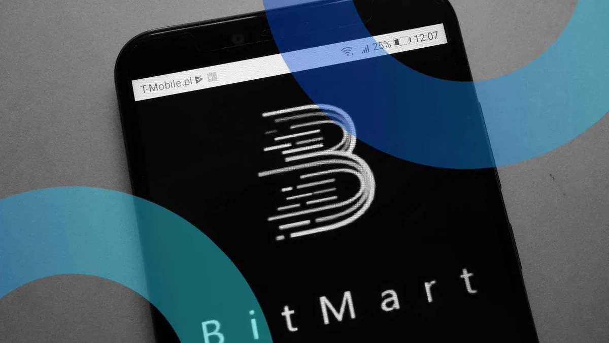 Логотип криптобиржи BitMart на фоне графика падения курса токена BMX