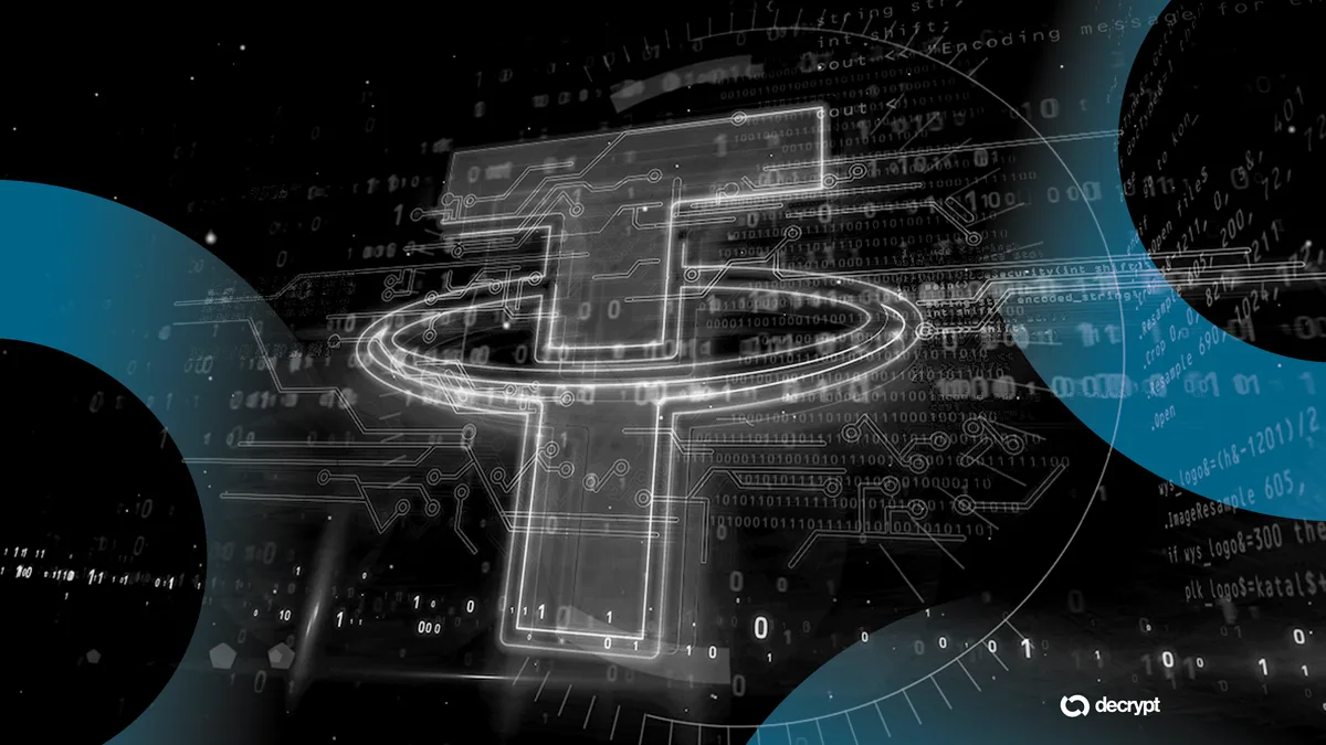Логотип Tether и Mercado Bitcoin на фоне цифровой сети