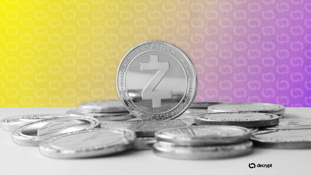 Логотип Zcash на фоне цифровой сети и защищённых блоков